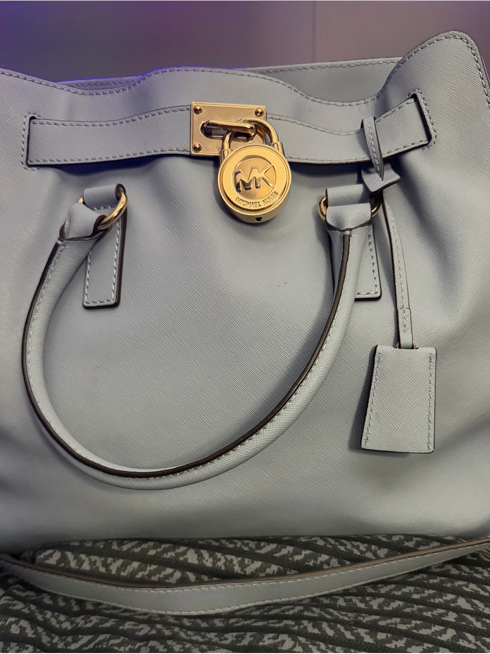 Michael Kors Pale Blue Saffiano Leather Tote with Gold Padlock